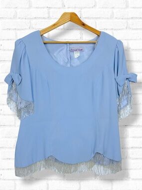 Samuel Scott Vintage Short Sleeve Back Button Beaded Fringe Blouse Light Blue